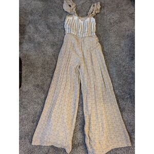 Sim & Sam Womens Tan White Floral Smocked Wide Leg Boho Jumpsuit Medium